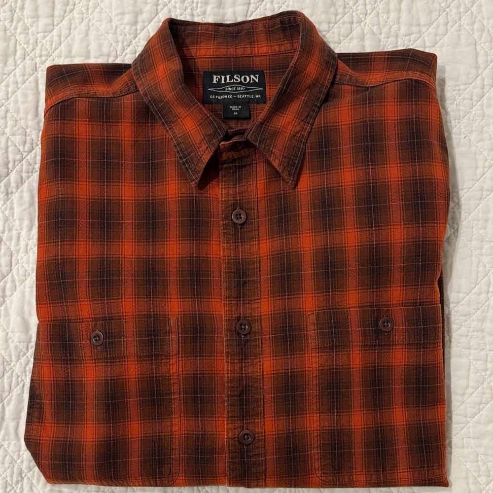Filson Men's Red and Black Plaid Button Down Shirt